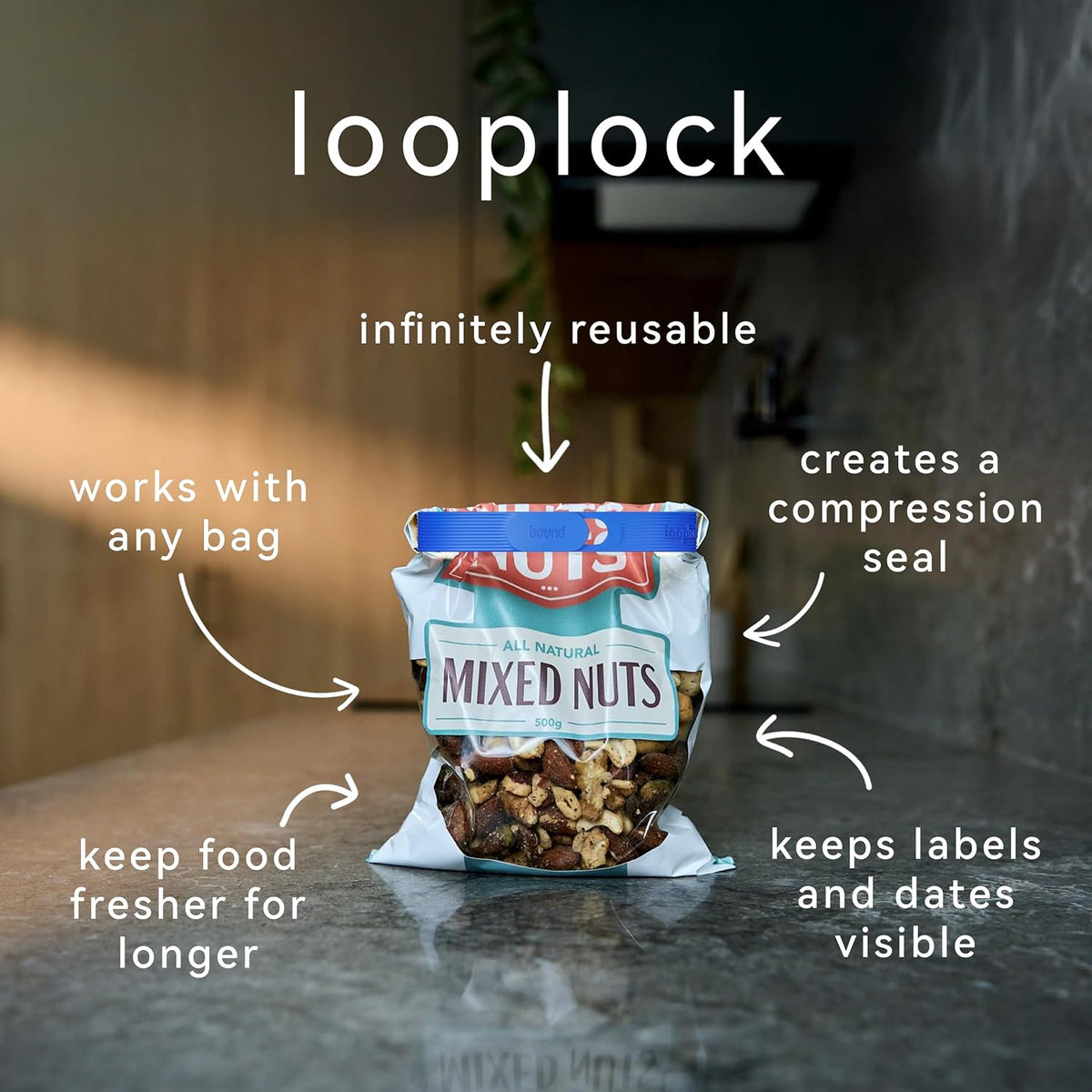 Bound Looplock Reusable Bag Sealer, Roll Top Food Storage Seal, 8 Pack, Blueberry