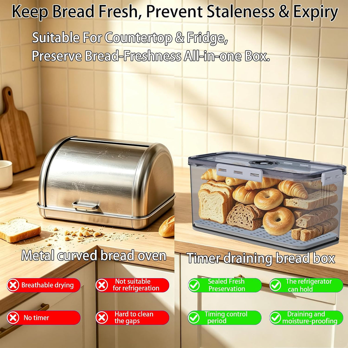 Clear Bread Box with Lid ,Time Recording Airtight Bread Container Grey