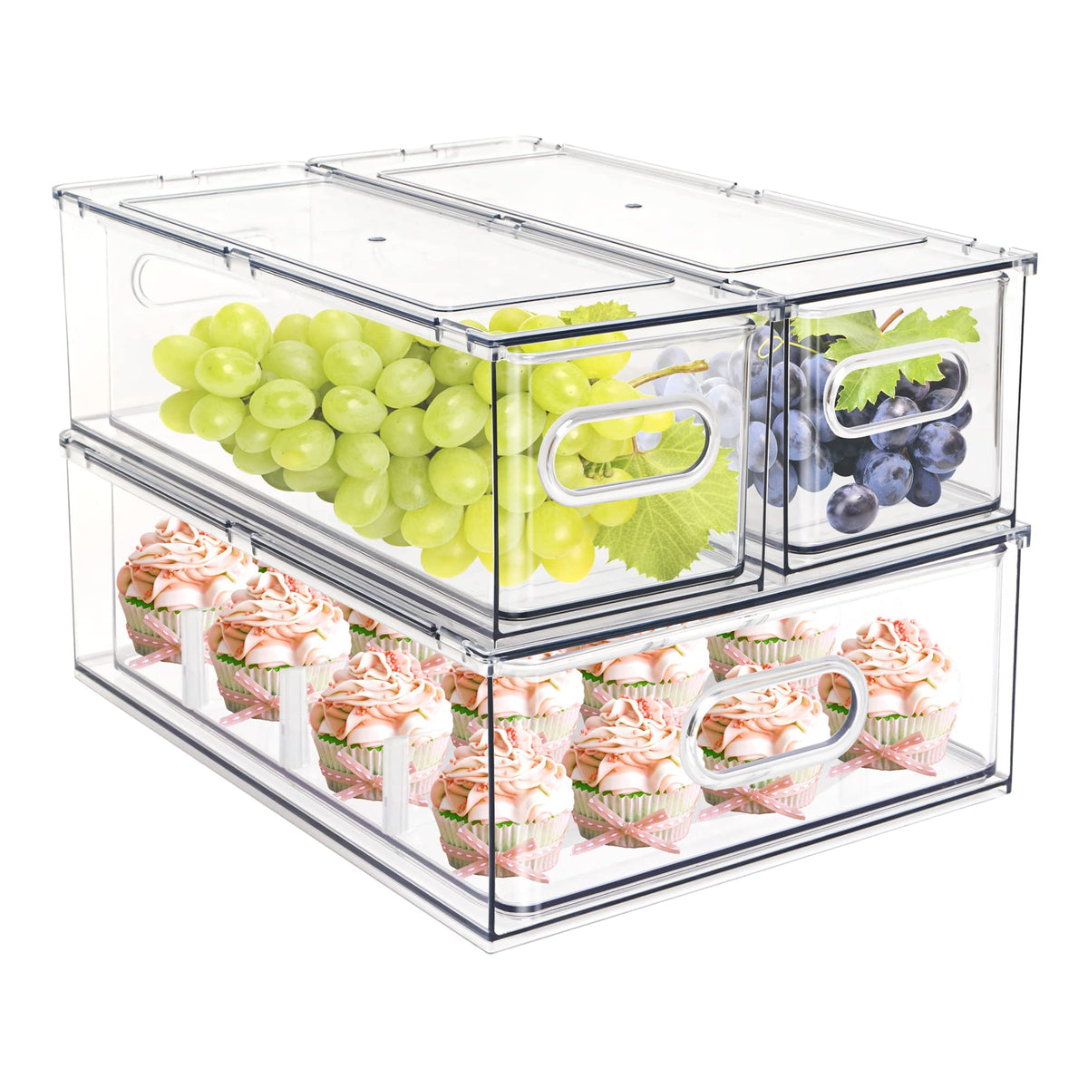 4 pack Stackable Refrigerator Organizer Bins Pull-Out Drawers for Fruit and Veggies Storage Organizer for Fridge Clear Drawer Containers with Handle Divided Organization for Produce Saver