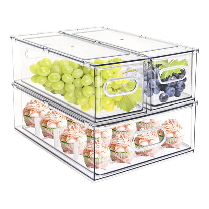 4 pack Stackable Refrigerator Organizer Bins Pull-Out Drawers for Fruit and Veggies Storage Organizer for Fridge Clear Drawer Containers with Handle Divided Organization for Produce Saver