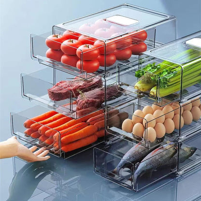 YekouMax Pantry Organizers and Storage Bins, Refrigerator Organizer, Plastic Stackable Storage Bins with Drawers, Pull-Out Cabinet Containers for Fridge Kitchen Office (2 PACK, Extra Large & Medium)