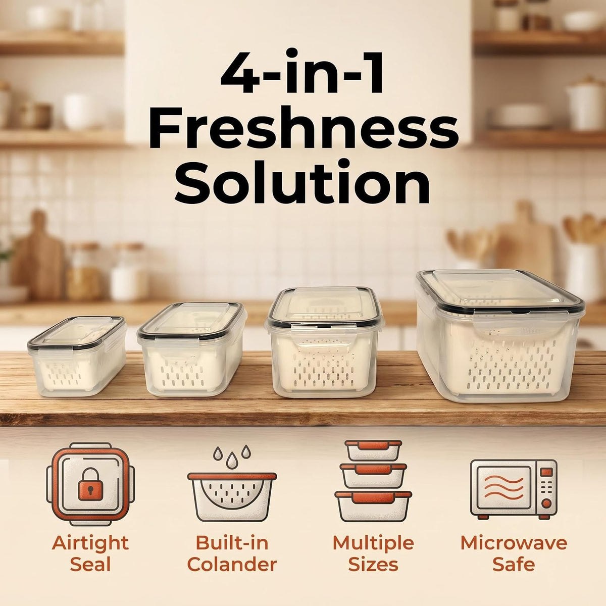 Fruit Storage Containers for Fridge, 4-Pack Fruit Containers for Fridge with Removable Colander - Airtight BPA-Free Produce Keeper, Keeps Berries Fresh 2 Weeks, Stackable Produce Storage