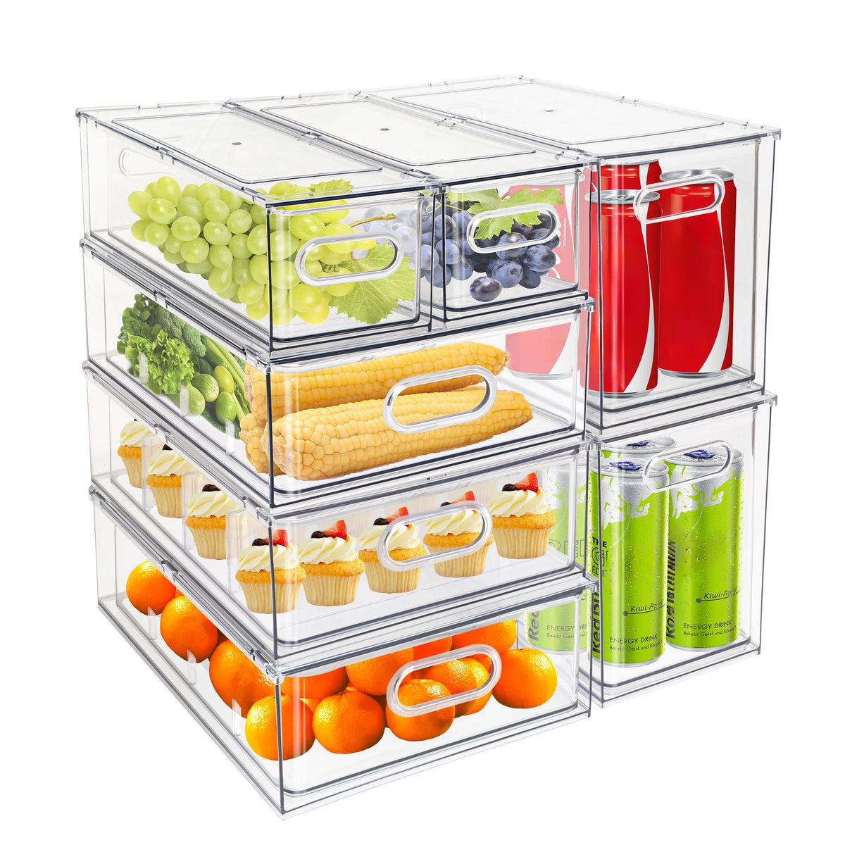 4 pack Stackable Refrigerator Organizer Bins Pull-Out Drawers for Fruit and Veggies Storage Organizer for Fridge Clear Drawer Containers with Handle Divided Organization for Produce Saver