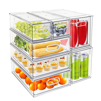 4 pack Stackable Refrigerator Organizer Bins Pull-Out Drawers for Fruit and Veggies Storage Organizer for Fridge Clear Drawer Containers with Handle Divided Organization for Produce Saver
