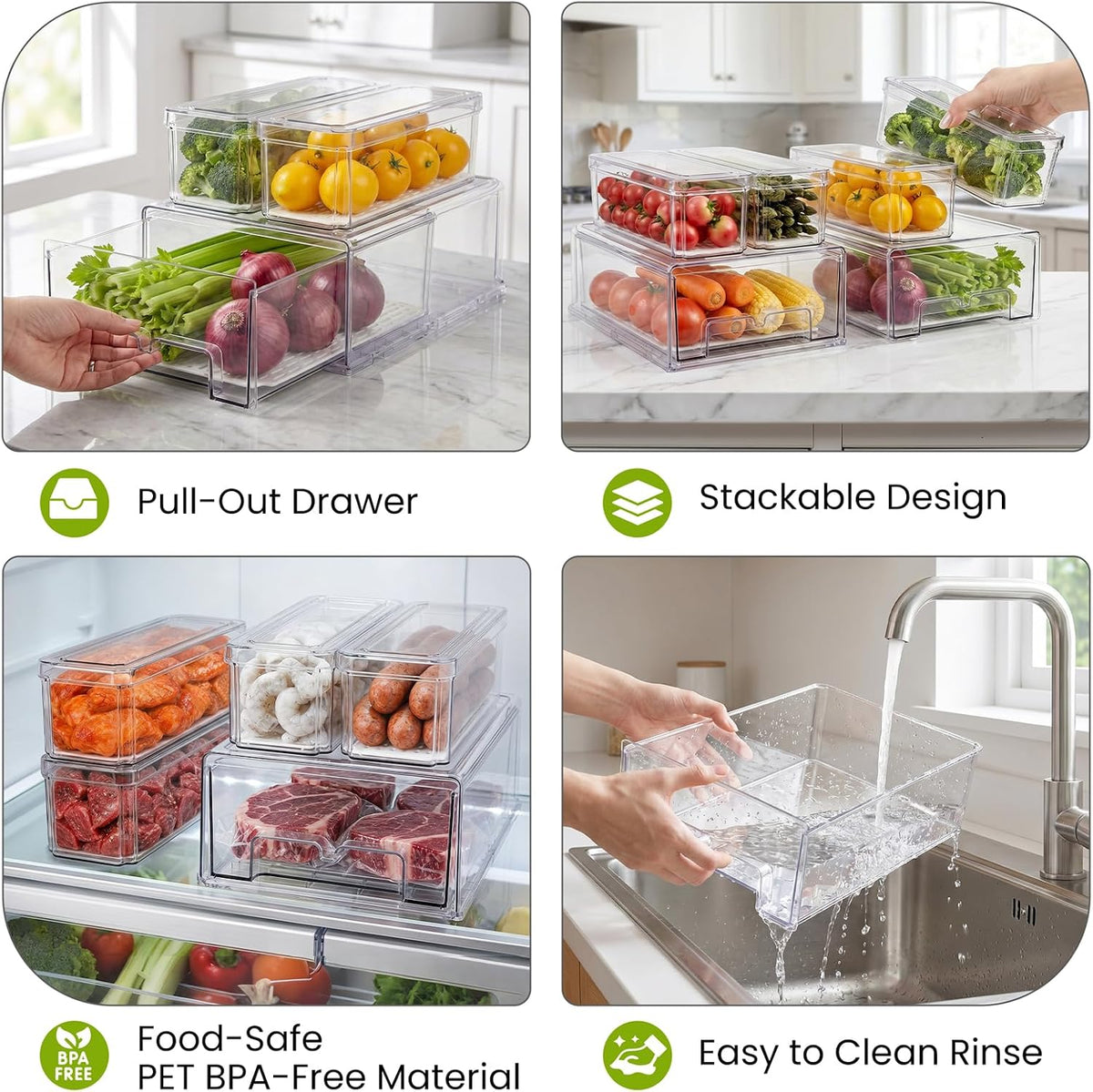 6Pack Fridge Organizers and Storage with Drain Trays,BPA-Free PET,Stackable