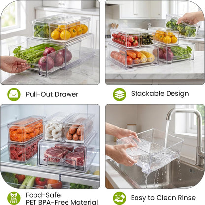 6Pack Fridge Organizers and Storage with Drain Trays,BPA-Free PET,Stackable