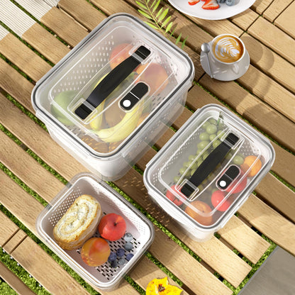 3Pack Fridge Food Storage Container Set with Lids with Strainer,Plastic Fresh Produce Saver Vegetable Fruit Meat Storage Organization, BPA-Free Plastic Produce Keepers(3.15L+1.7L+0.8L)